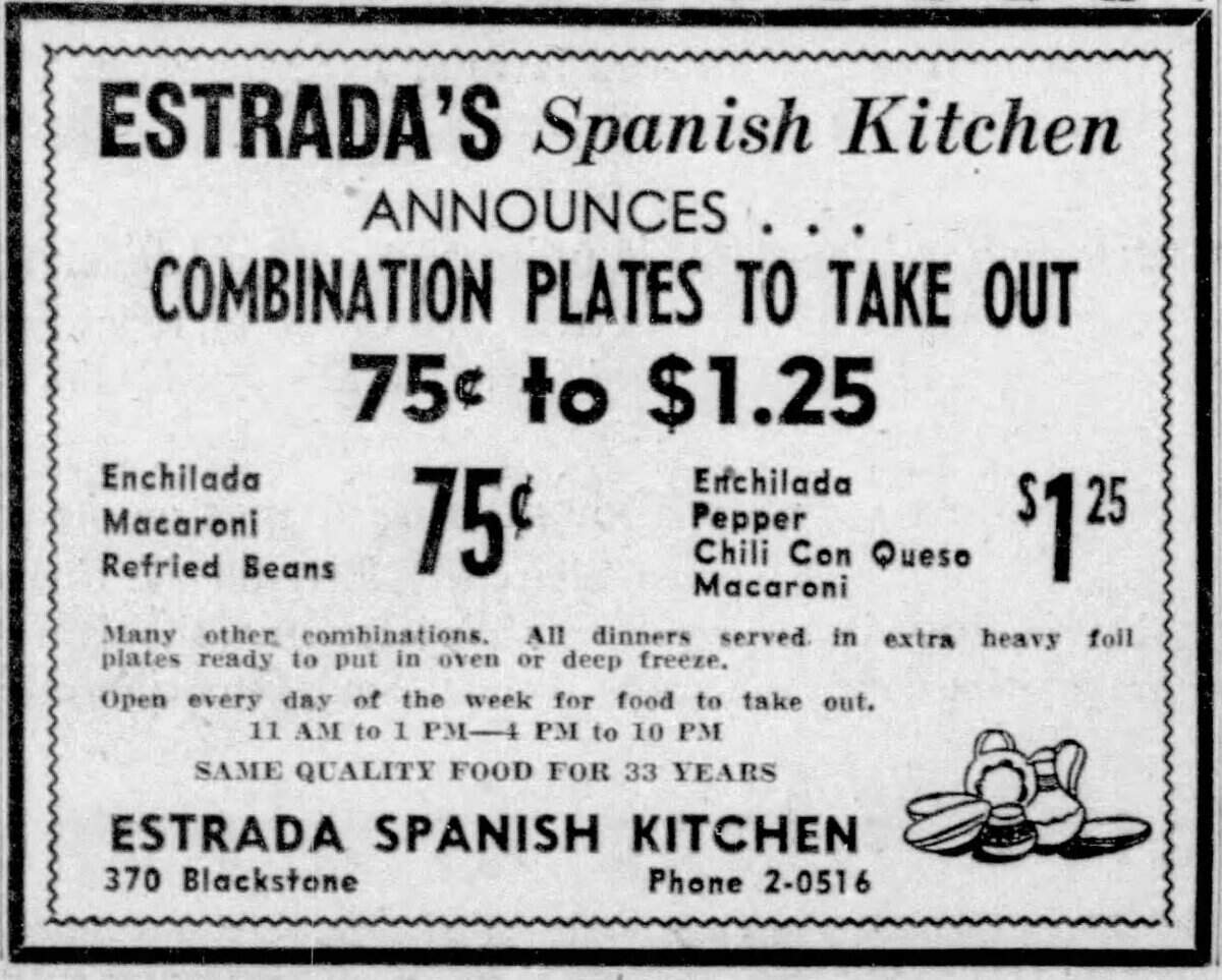 This ad for Estrada’s Spanish Kitchen ran in The Fresno Bee in 1954.